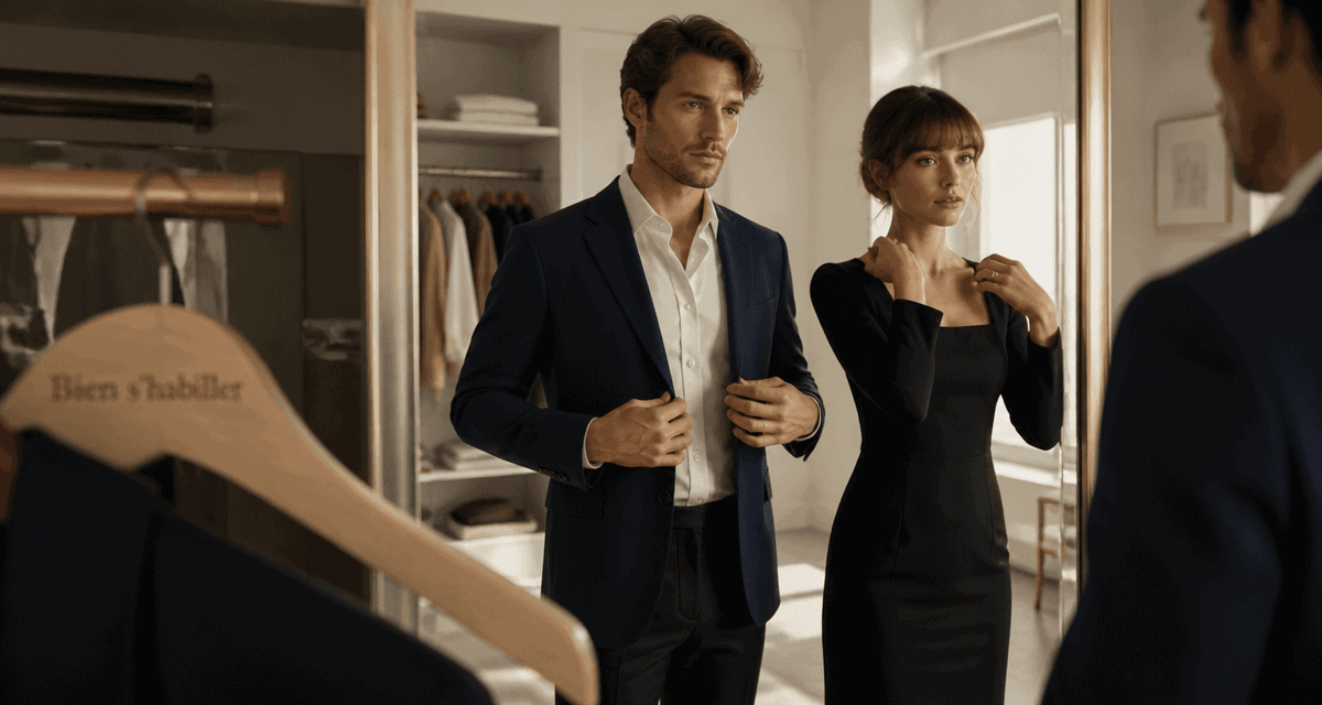 Homme et femme bien habillés devant miroir garde-robe minimaliste