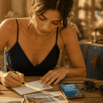 Femme écrivant carte postale bonnes fins de vacances