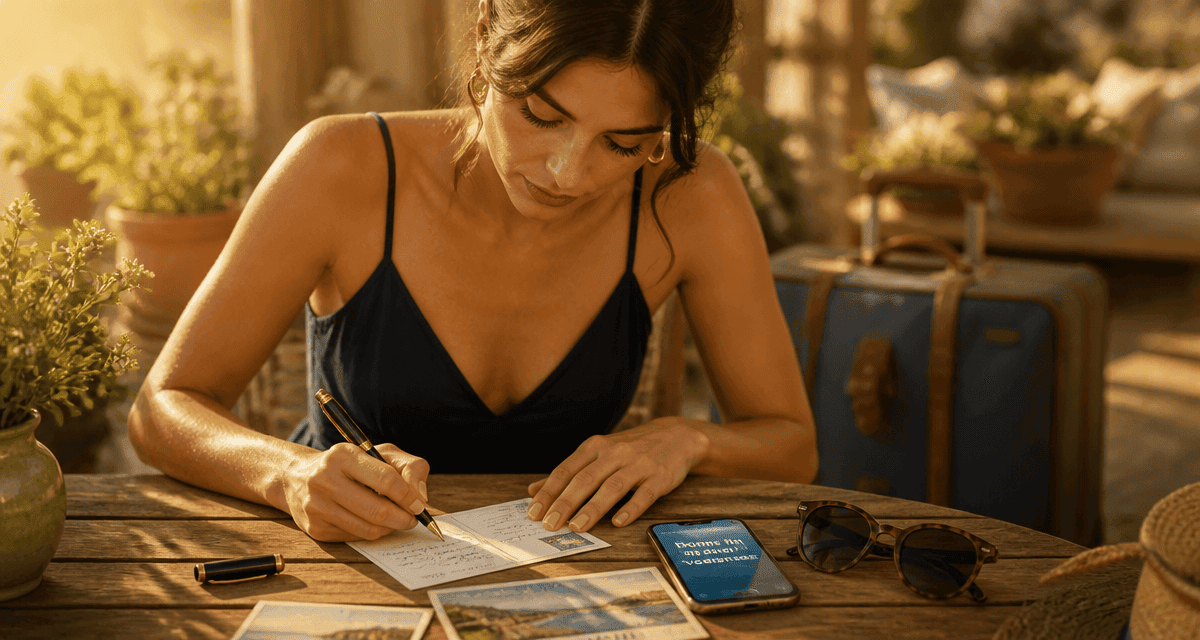 Femme écrivant carte postale bonnes fins de vacances