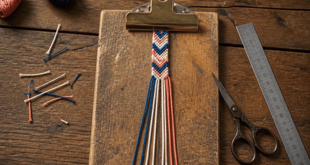 bracelet brésilien 6 fils 3 couleurs sur planche