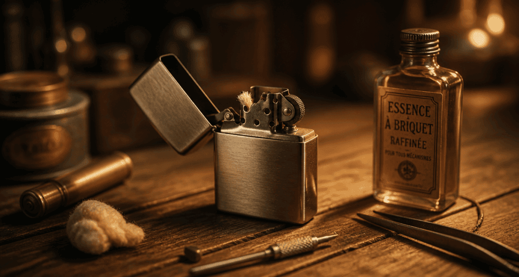briquet a essence metal sur table bois