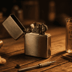 briquet a essence metal sur table bois