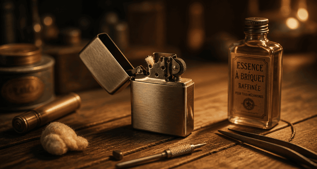 briquet a essence metal sur table bois
