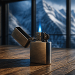 briquet tempete flamme bleue sur table bois