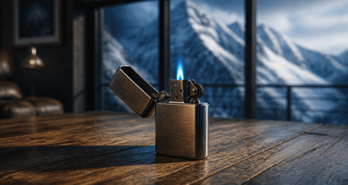 briquet tempete flamme bleue sur table bois