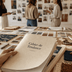 cahier de tendance sur table avec moodboards et échantillons
