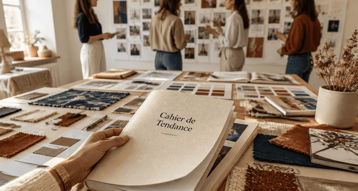 cahier de tendance sur table avec moodboards et échantillons