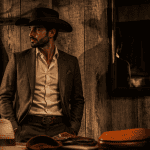Chapeau cowboy homme feutre brun devant mur bois