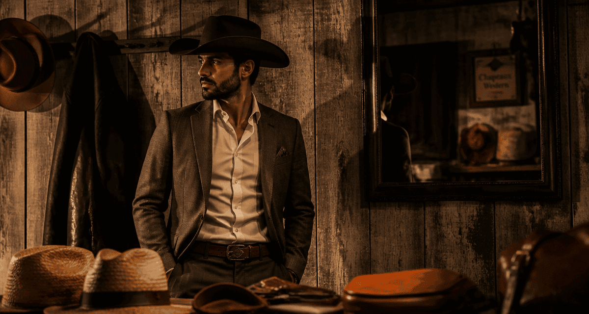 Chapeau cowboy homme feutre brun devant mur bois