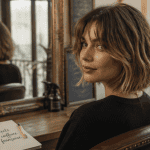 coiffure français carré flou frange balayage doré