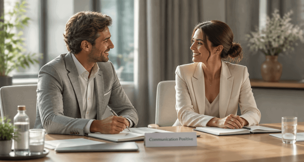 Communication positive entre collègues en salle de réunion