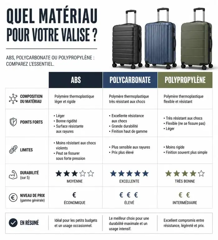 Comparatif des matériaux de valises : ABS, Polycarbonate et Polypropylène pour choisir sa valise pas cher