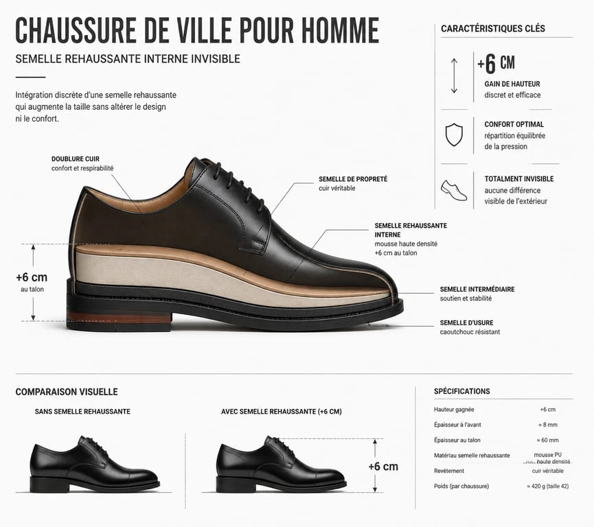Schéma technique de fonctionnement des chaussures qui grandissent pour homme