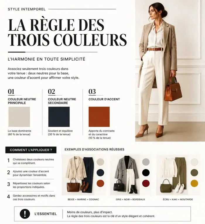 Infographie illustrant la règle des trois couleurs pour être bien habillé