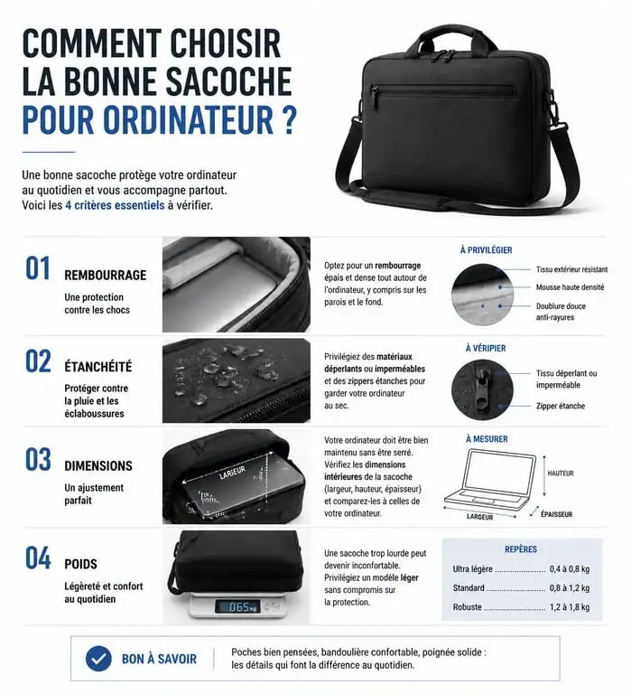 Infographie des critères de choix pour une sacoche pour ordinateur portable