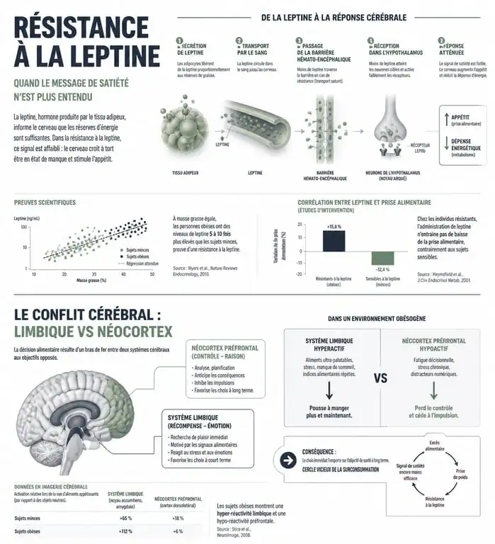 Schéma explicatif du fonctionnement de la leptine et de l'insuline dans la perte de poids et la gestion de la volonté.