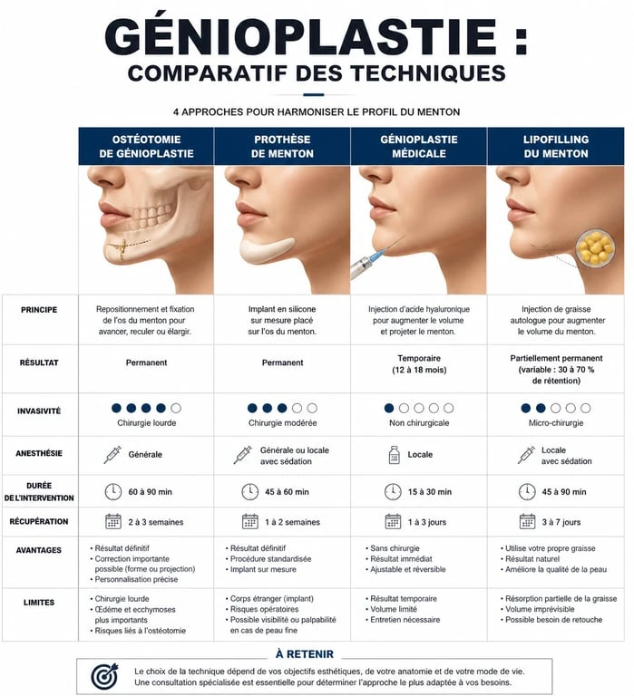 Infographie des techniques de génioplastie avant après