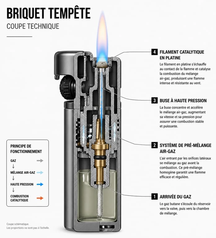 Schéma technique du fonctionnement d'un briquet tempête avec système de pré-mélange air-gaz.