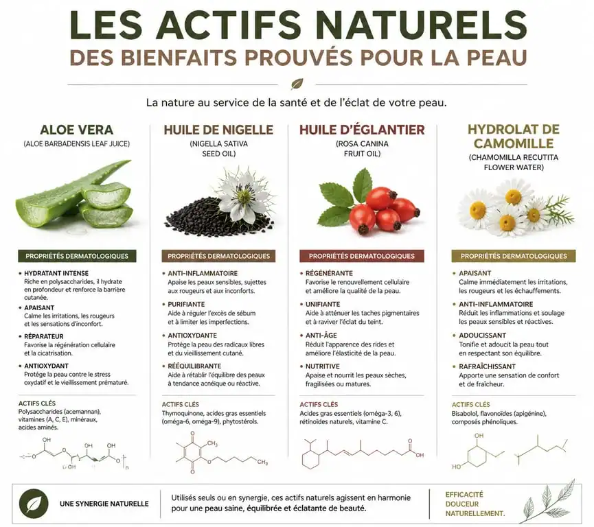 Infographie des bienfaits des actifs naturels pour le soin au naturel de la peau