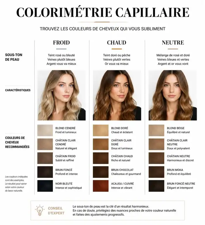 Infographie guide colorimétrie pour choisir sa couleur de cheveux selon son teint