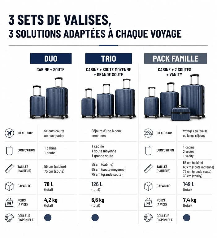 Infographie comparative des différents types de sets de valises pour le voyage