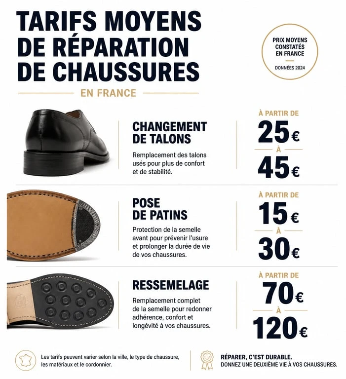 Tableau comparatif des tarifs moyens des prestations de cordonnerie en France pour la réparation de chaussures et sacs