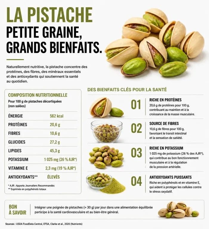Infographie des bienfaits santé et valeurs nutritionnelles de la pistache