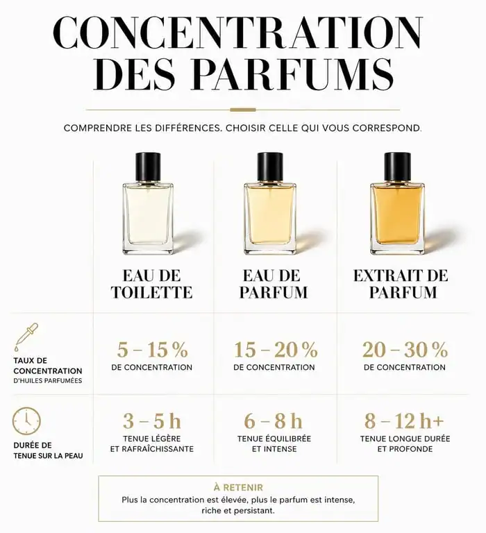 Infographie des concentrations de parfum femme 2025 : Eau de toilette, Eau de parfum et Extrait