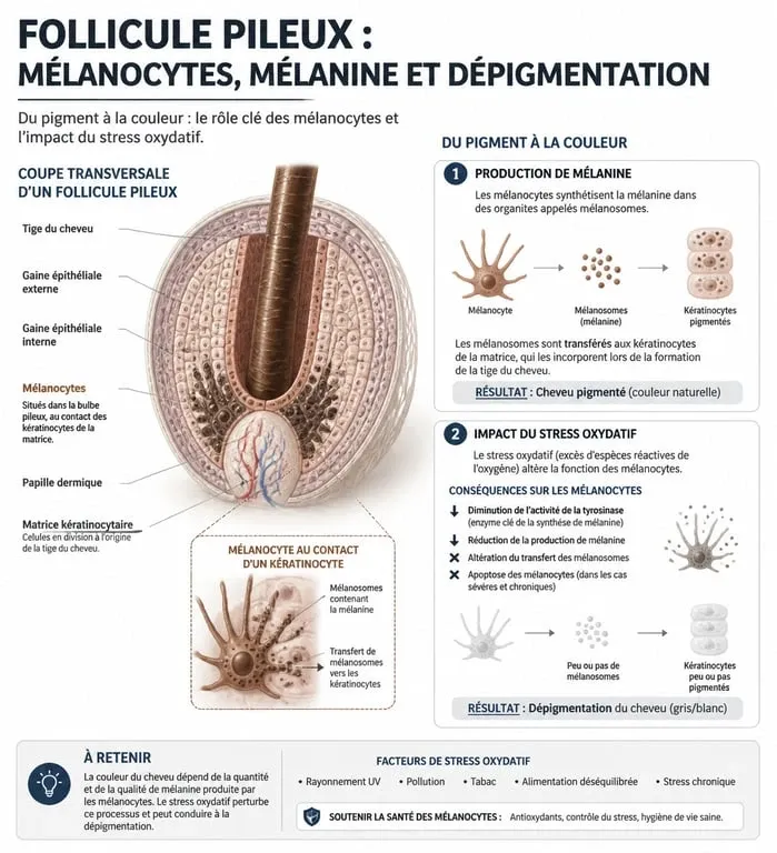Schéma explicatif des causes des cheveux blancs à 30 ans et du processus de dépigmentation capillaire