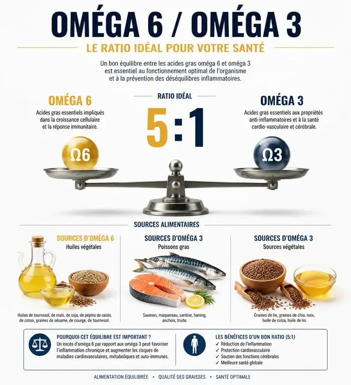 Infographie du ratio oméga 3 et 6 pour une santé optimale