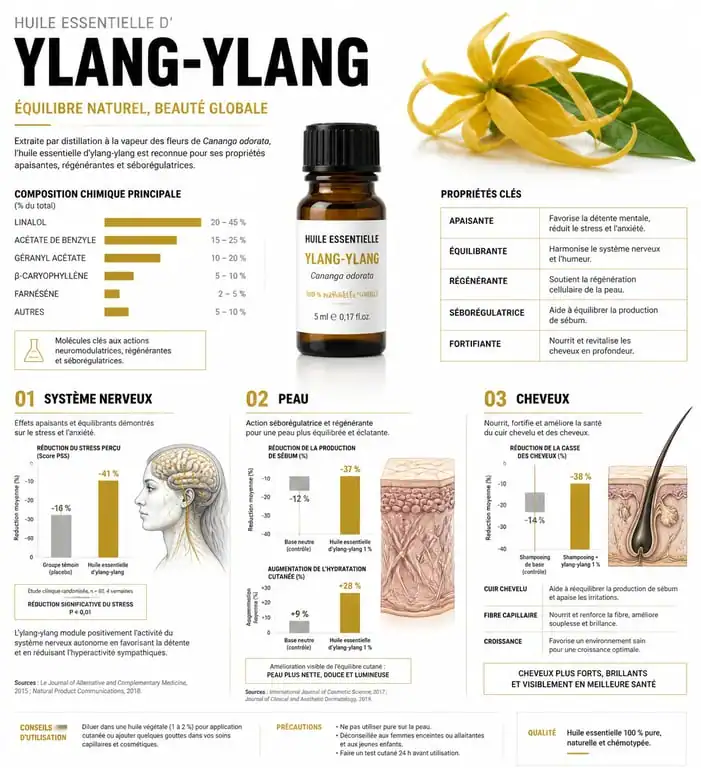 Infographie des bienfaits de l'huile essentielle d'ylang-ylang pour la peau, les cheveux et le stress
