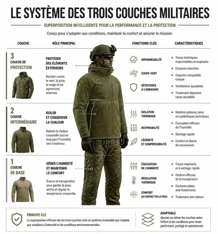 Infographie explicative du système des trois couches dans l'habillement militaire pour la survie en extérieur