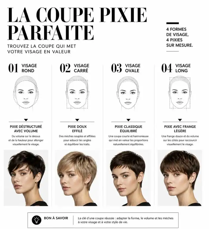 Infographie des styles de coupe pixie cut selon la forme du visage