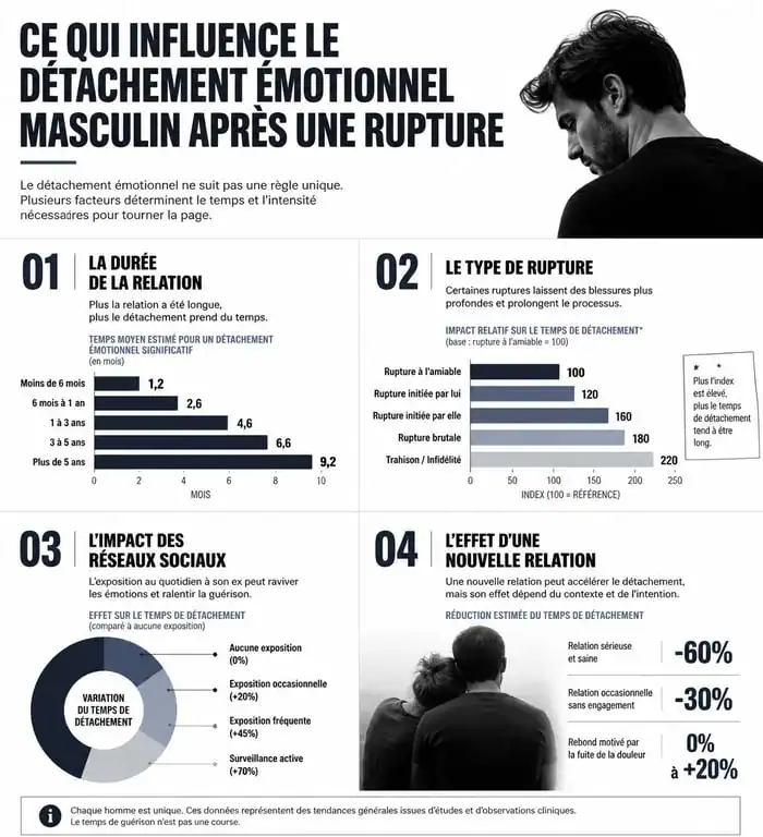 Infographie sur les facteurs influençant le détachement masculin et si un homme oublie vite une femme après une rupture