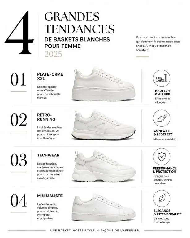 Tendances baskets blanches femme 2025 : modèles plateforme, rétro-running, techwear et minimaliste