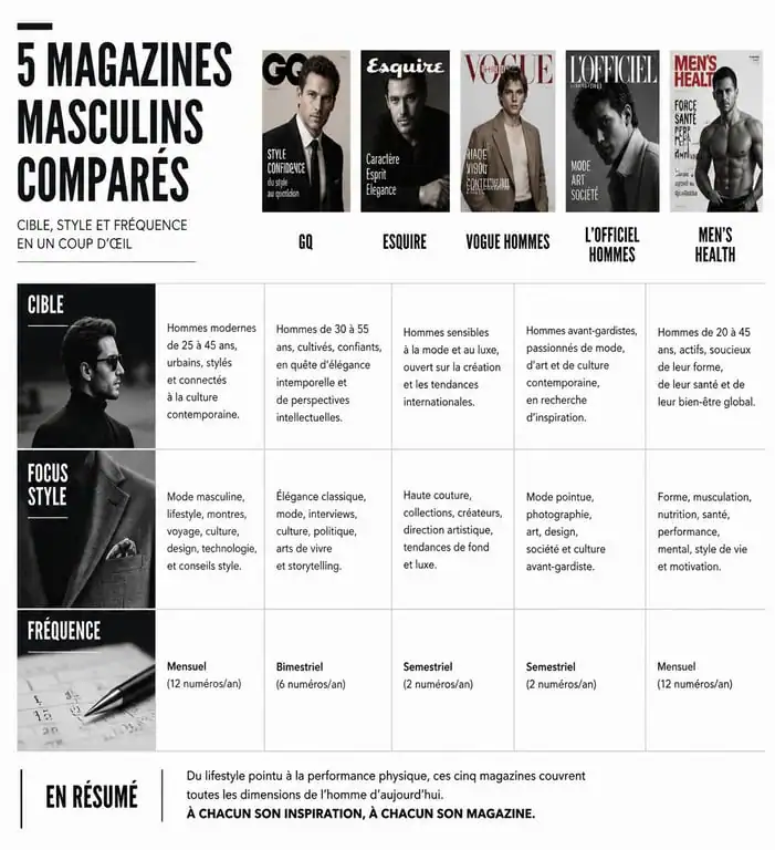 Infographie comparative des magazines de mode pour homme : GQ, L'Etiquette, Comme un Camion, Numéro Homme et The Good Life.