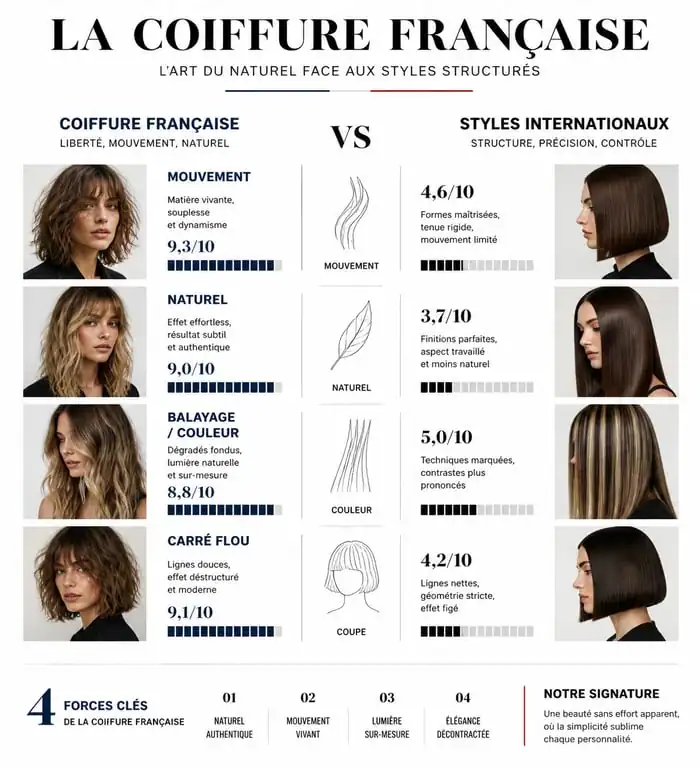 Infographie comparative des styles de coiffure française et internationale