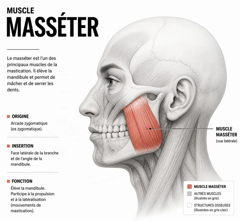 Schéma anatomique du muscle masséter pour comprendre comment se muscler la mâchoire