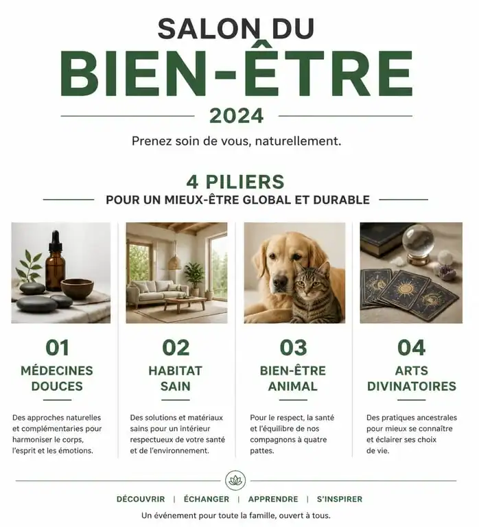 Infographie des piliers du salon du bien-être 2024 : médecines douces, habitat sain, bien-être animal et arts divinatoires.