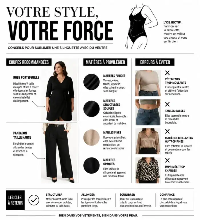 Infographie conseils style vestimentaire pour silhouette avec du ventre