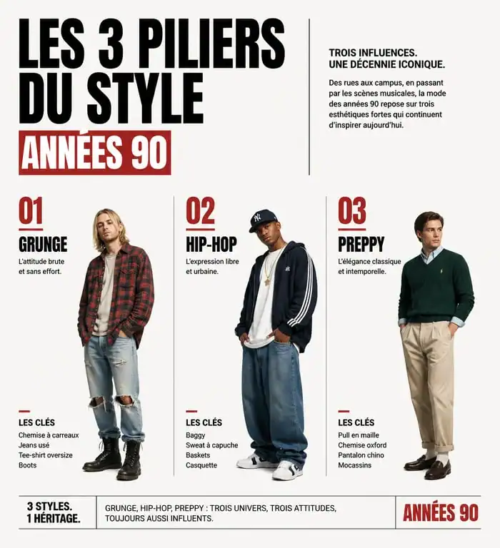 Infographie des styles vestimentaires années 90 pour composer une tenue année 90 réussie