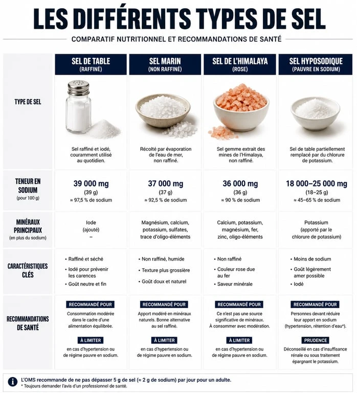 Infographie comparative des différents types de sel pour la santé : sel de table, sel marin et sel de l'Himalaya.