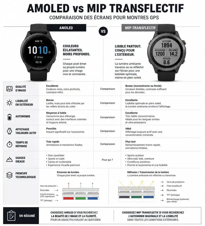 Comparatif écran AMOLED vs MIP transflectif pour montre GPS avec cartographie