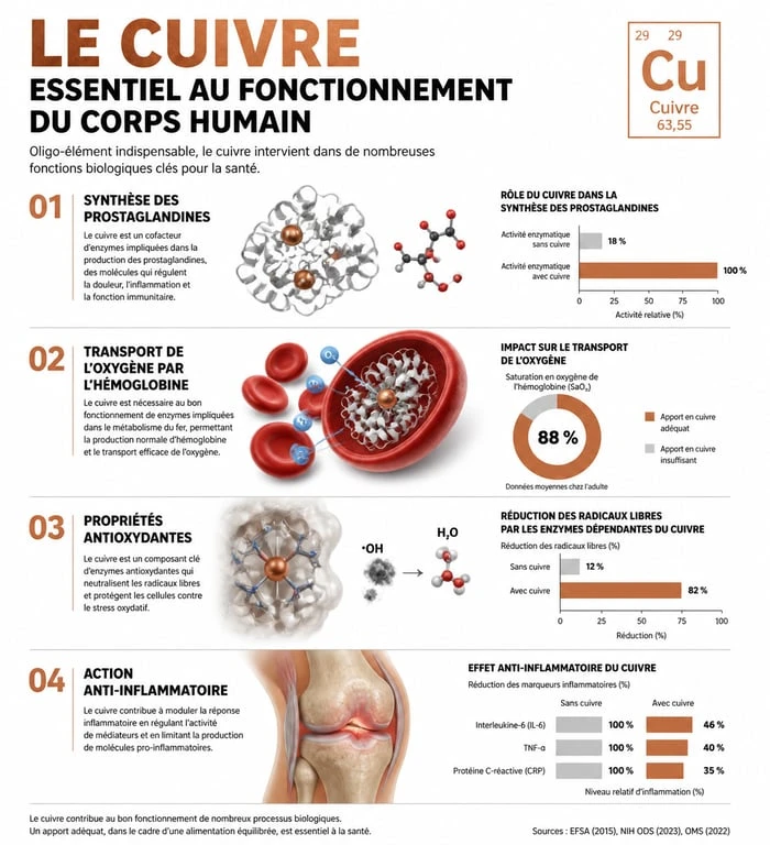 Infographie sur les bienfaits santé du bracelet en cuivre et ses propriétés anti-inflammatoires