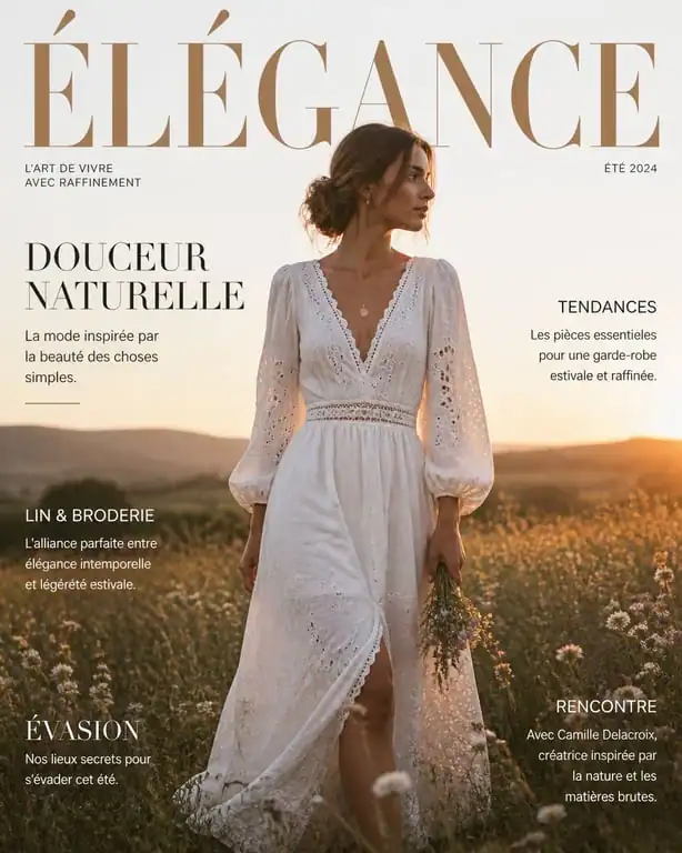Femme portant une tenue champêtre élégante avec une robe en lin dans un champ de fleurs