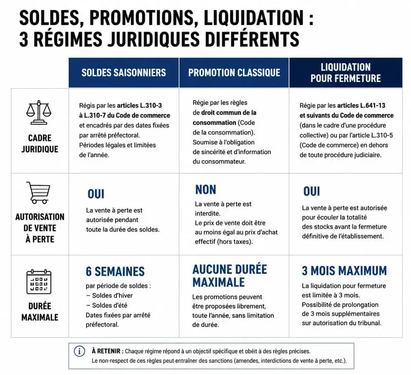 Comparatif des opérations commerciales : soldes, promotions et liquidation pour fermeture définitive 2025