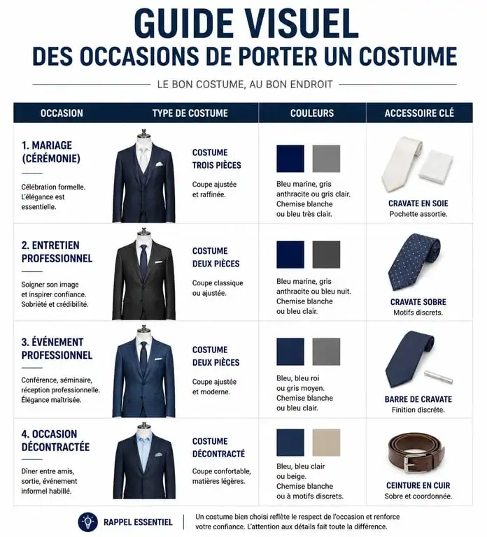 Infographie récapitulative des occasions de porter un costume : mariage, entretien, gala et dîner.
