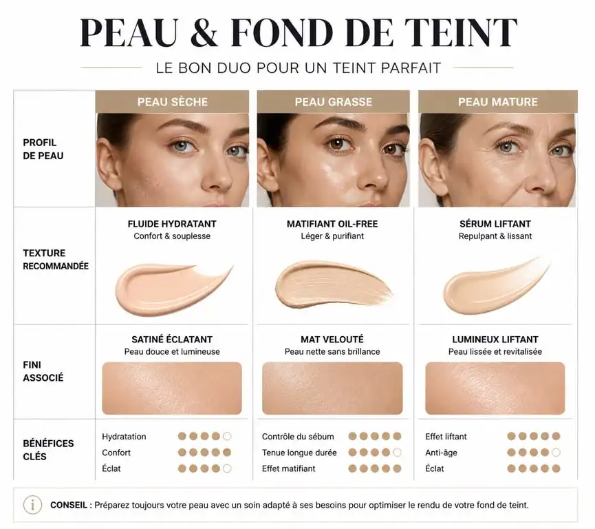 Infographie comparative des types de peau et textures de fond de teint pour choisir le meilleur fond de teint