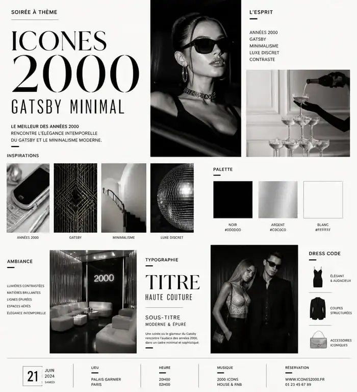 Moodboard d'inspiration pour un thème de soirée tendance 2024 avec décorations Y2K et Gatsby