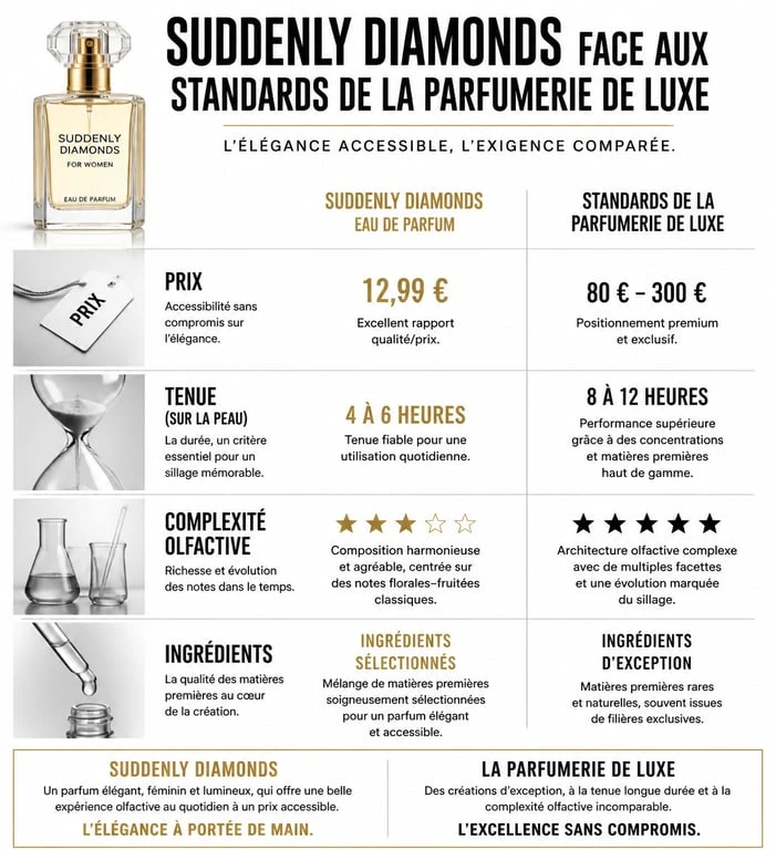 Infographie comparative du parfum Suddenly Diamonds Lidl face aux parfums de luxe